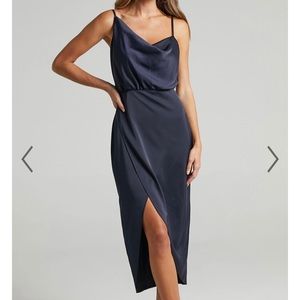 NWT Navy Asymmetrical Satin Dress